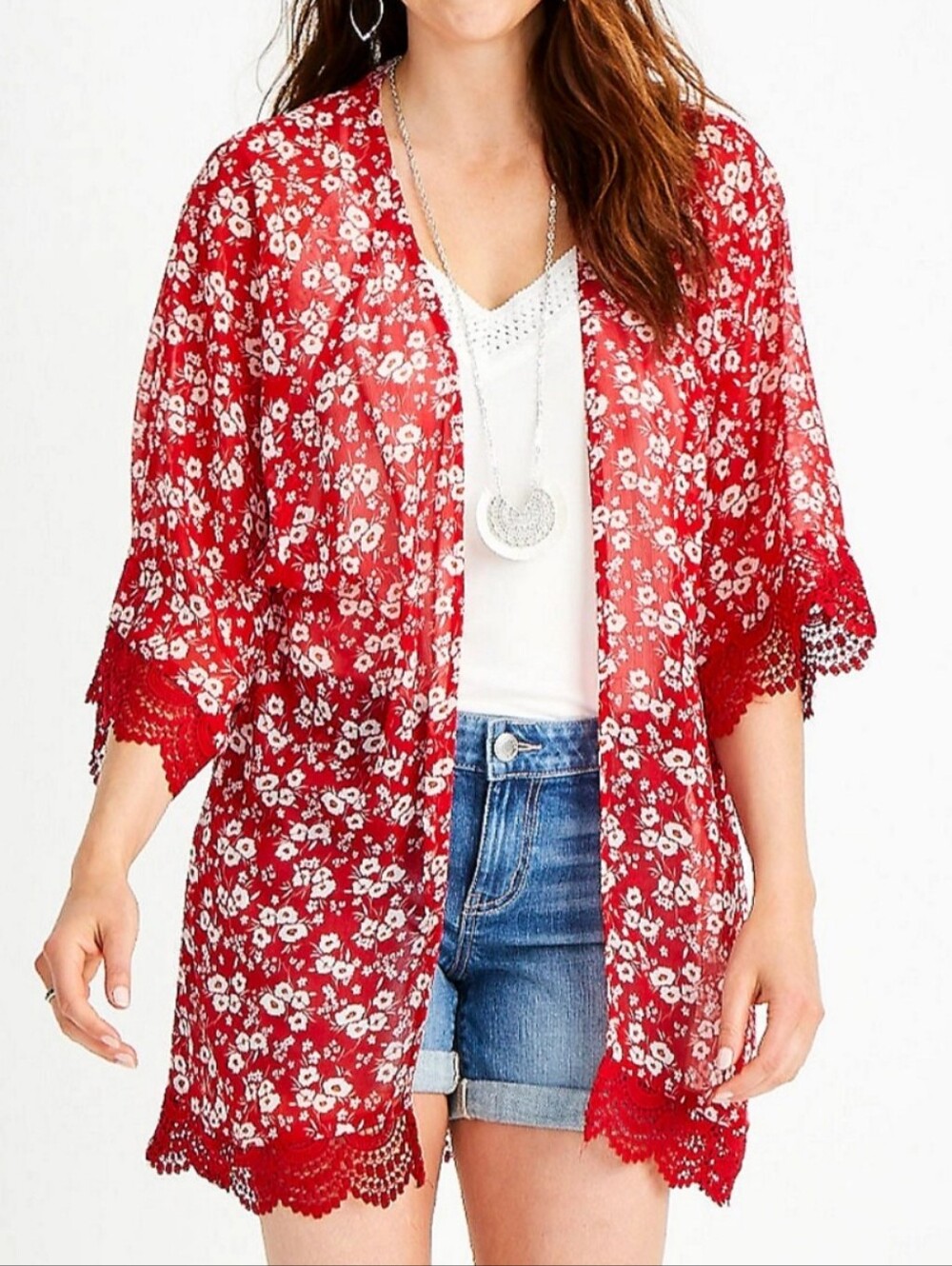 Maurices Red Floral Lace-Trim Kimono Cardigan